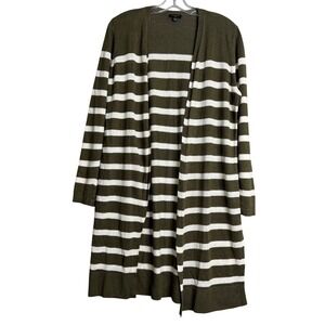 Talbots 100% Linen Cardigan Womens M Petite Olive Green Stripe Open Front Long